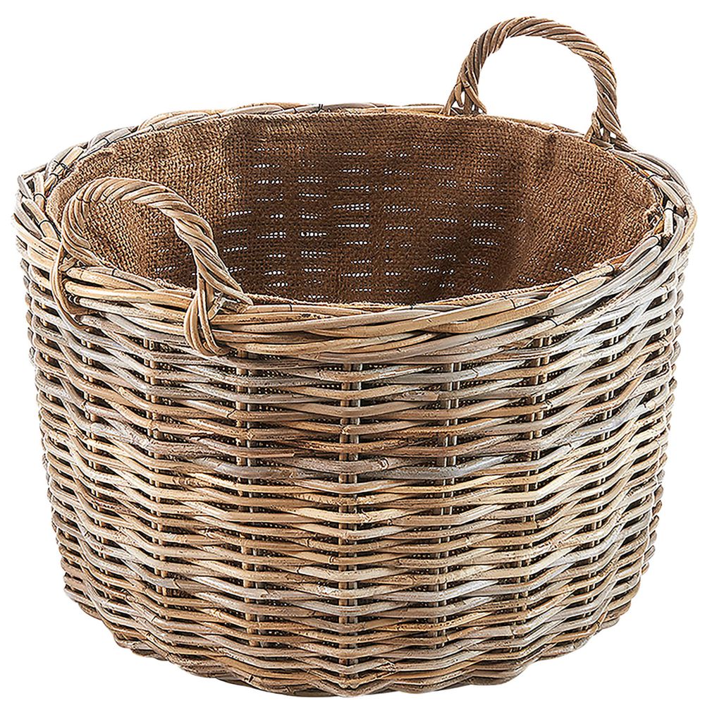 A round rattan basket with handles, lined with burlap, against a white background.
