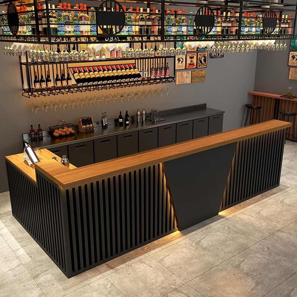 Empfangstheke, Bartheke, Kassenbereich, Industrie-Stil mit vertikalen Streifen (Ecktheke), für Bars und Geschäfte, schwarz 140×60×110cm【H ZJX...