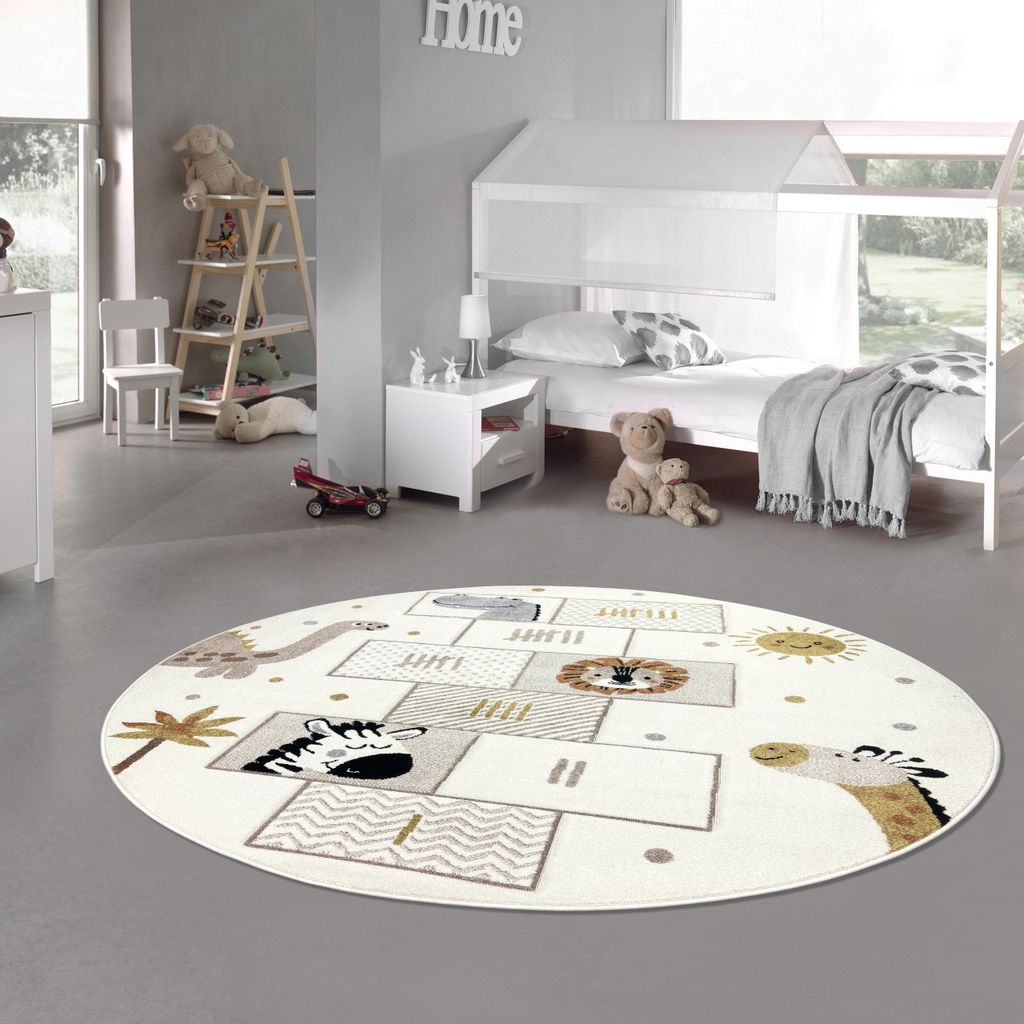 Kinderteppich mit Hüpfspiel & Tieren Weich, Pflegeleicht & Strapazierfähig in creme Größe - 120 cm Rund