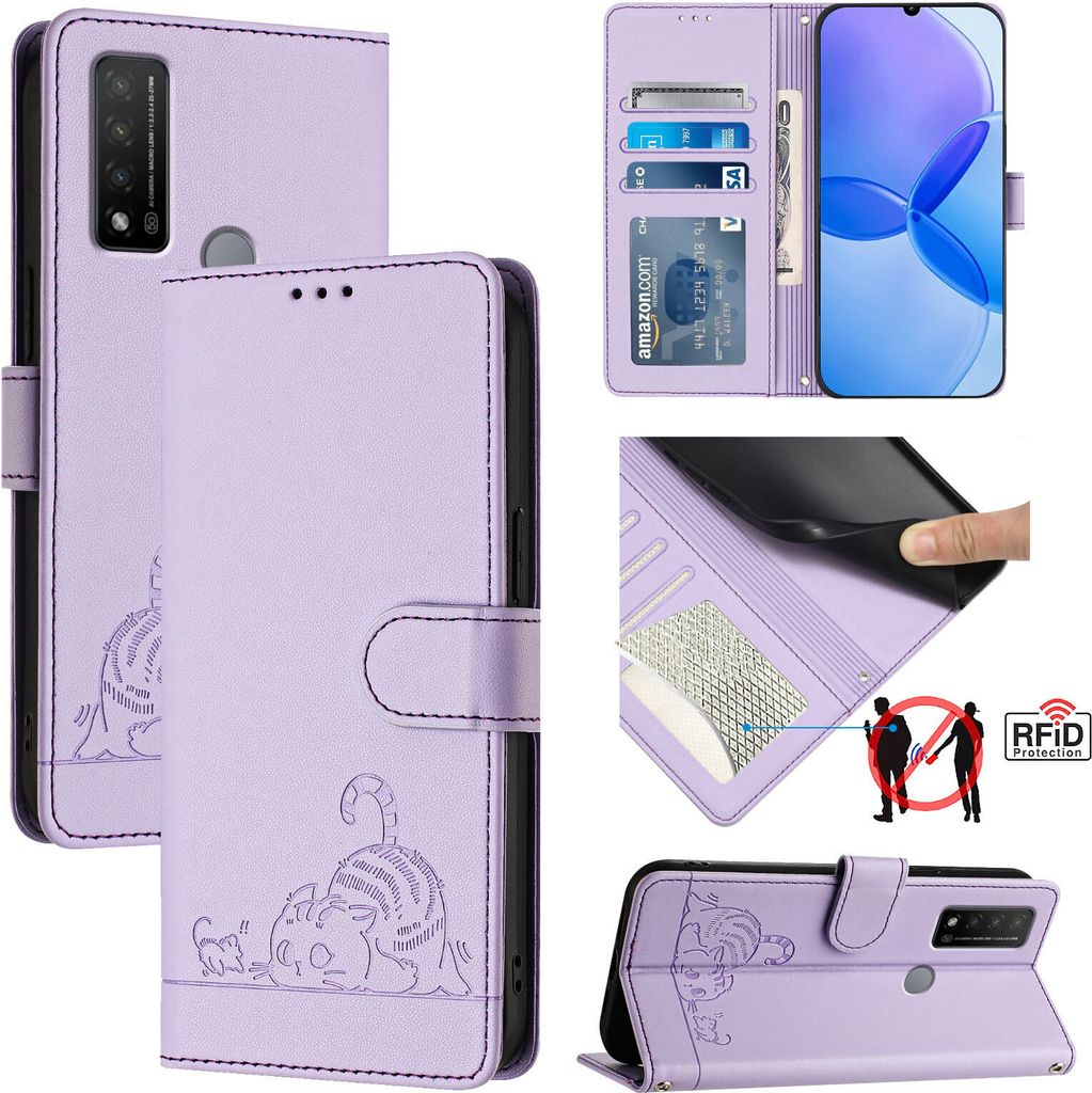 Leder Hülle für TCL 20R Süße Katze Flip Case Brieftasche Schutzhülle mit Standfunktion Lila