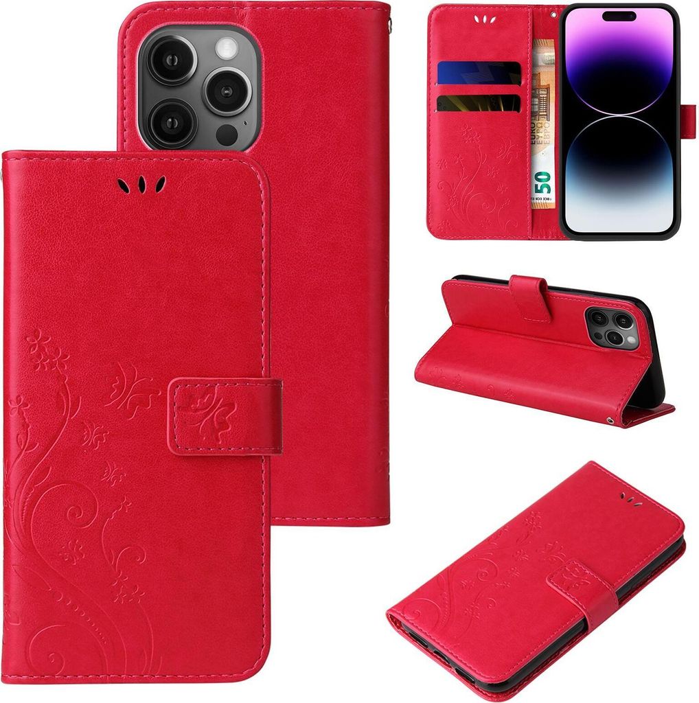 Handyhülle für Apple iPhone 14 Pro Max Floral Blumen Schmetterling Flip Cover Hülle Case Klapphülle Handytasche Farbe: Rot