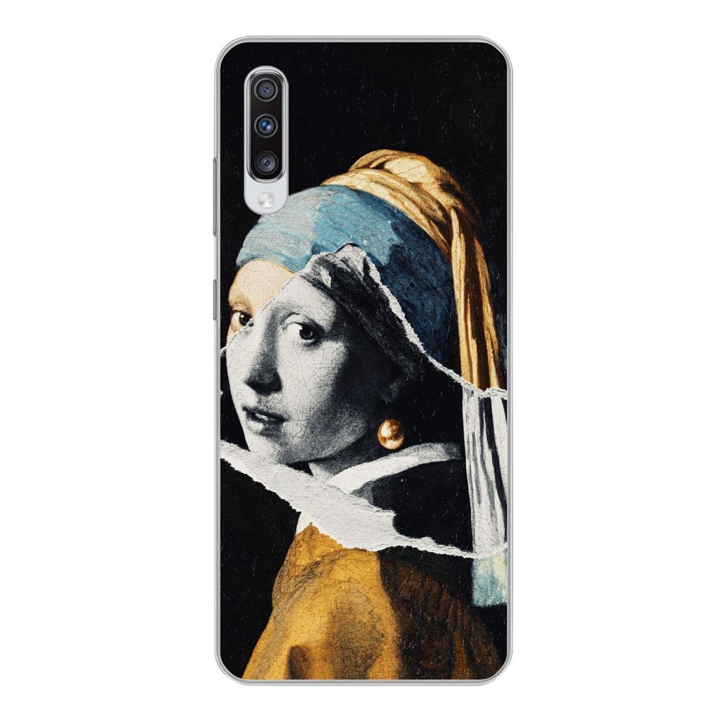 MuchoWow Handyhülle Schutzhülle Hülle für Samsung Galaxy A70 Mädchen mit Perlenohrring - Gold - Schwarz - Weiß Silikon Softcase Handy Hüll...
