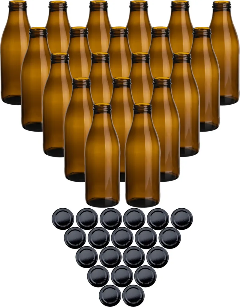 20 Bottiglie Vetro Scuro 1L Riutilizzabili - Tappo Twist-Off Nero TO48