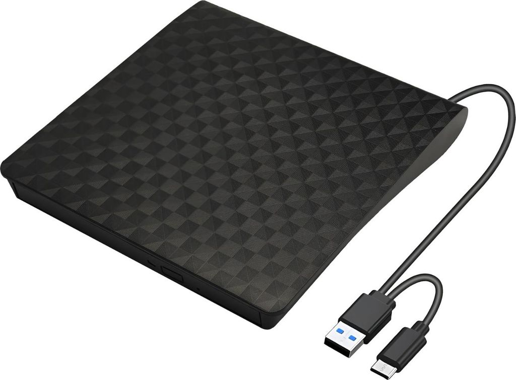 A black external Blu-ray burner with a textured top and USB cables attached.