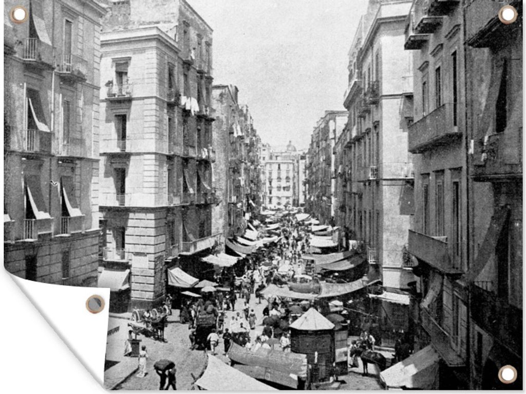 MuchoWow 40x30 cm Outdoor-Poster Gartendeko Sichtschutz Garten Poster für den Garten Illustration einer historischen Straßenszene in Neapel
