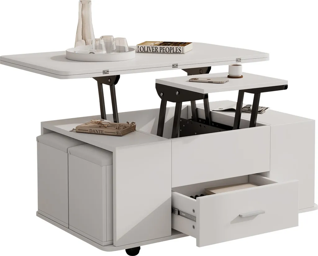 Sweiko Table Basse Réglable en Hauteur et Mobile avec 4 Tabourets Blanc - 15