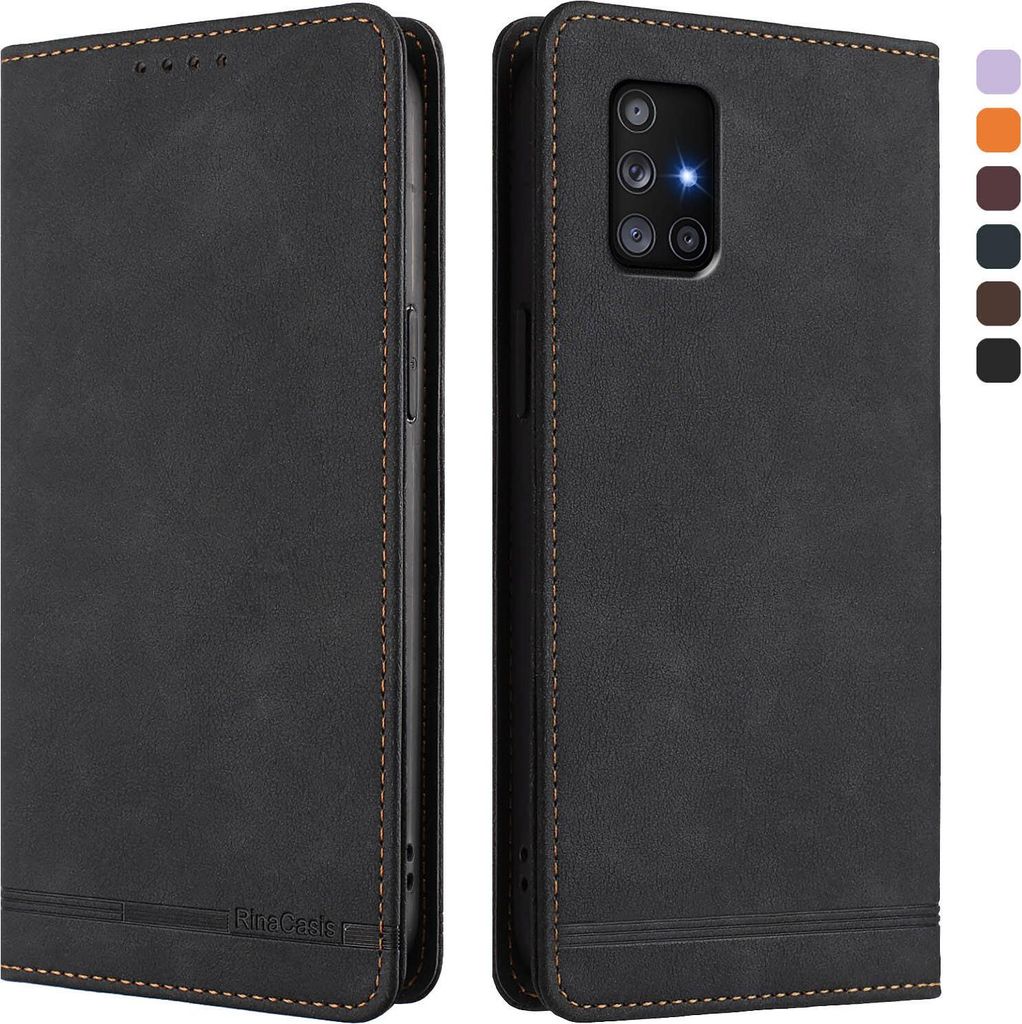 Hülle für Samsung Galaxy A71 4G, Retro Kunstleder Ständer Klapphülle mit Kartenfächer und Magnetische Schwarz