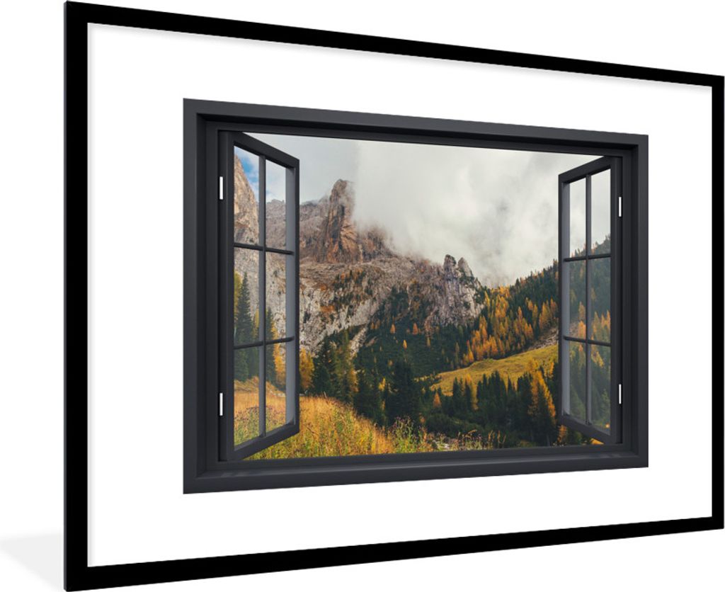 MuchoWow MuchoWow Gerahmtes Poster Aussicht - Berg - Baum 90x60 cm - Poster mit zchwarzem Bilderrahmen - Wanddekoration - Fotos