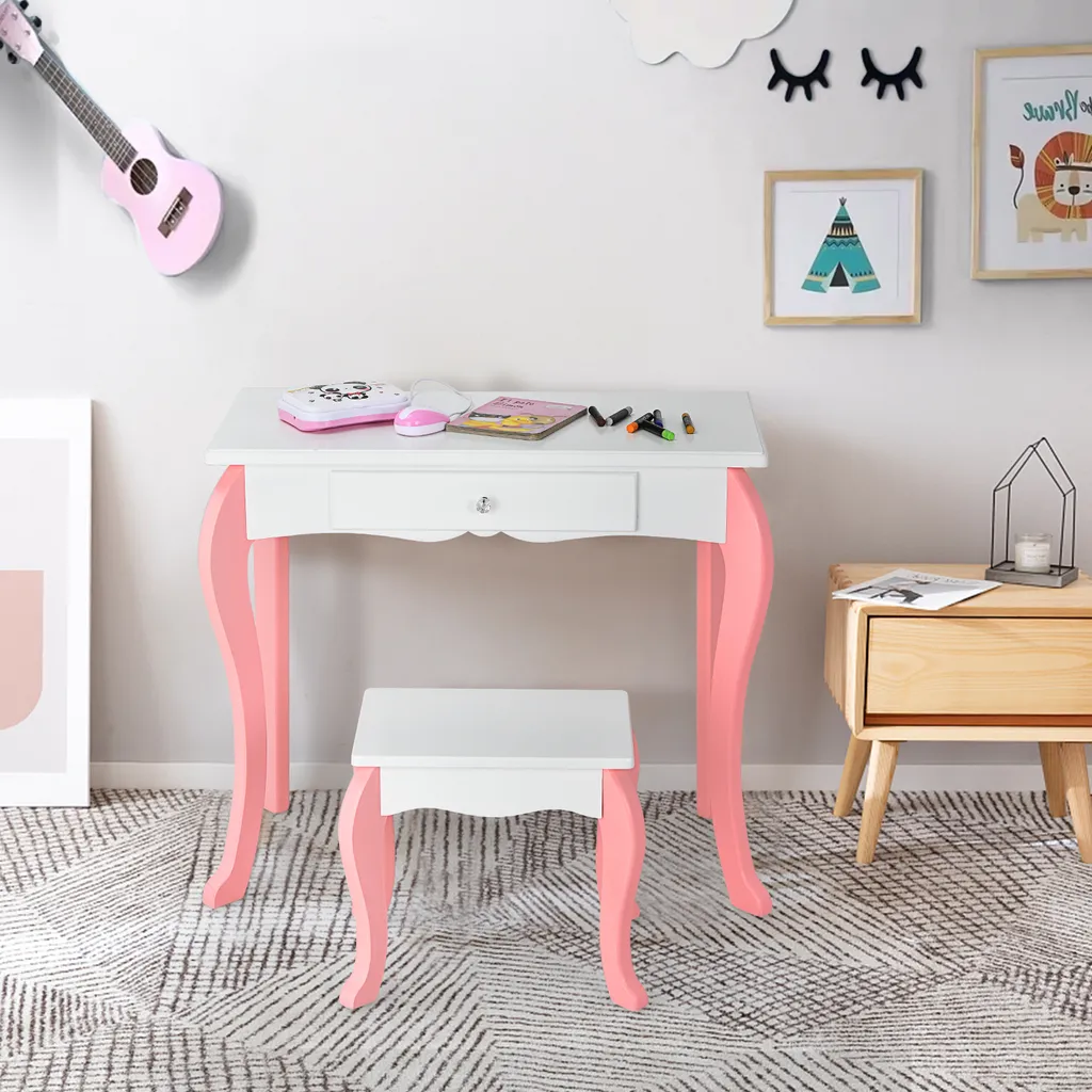 COSTWAY Tavolino da toilette per bambini con sgabello, tavolino da toilette per principesse con 3 cassetti e specchio girevole a 360 gradi, tavolino da toilette rosa, tavolino da trucco per ragazze (bianco) - 3