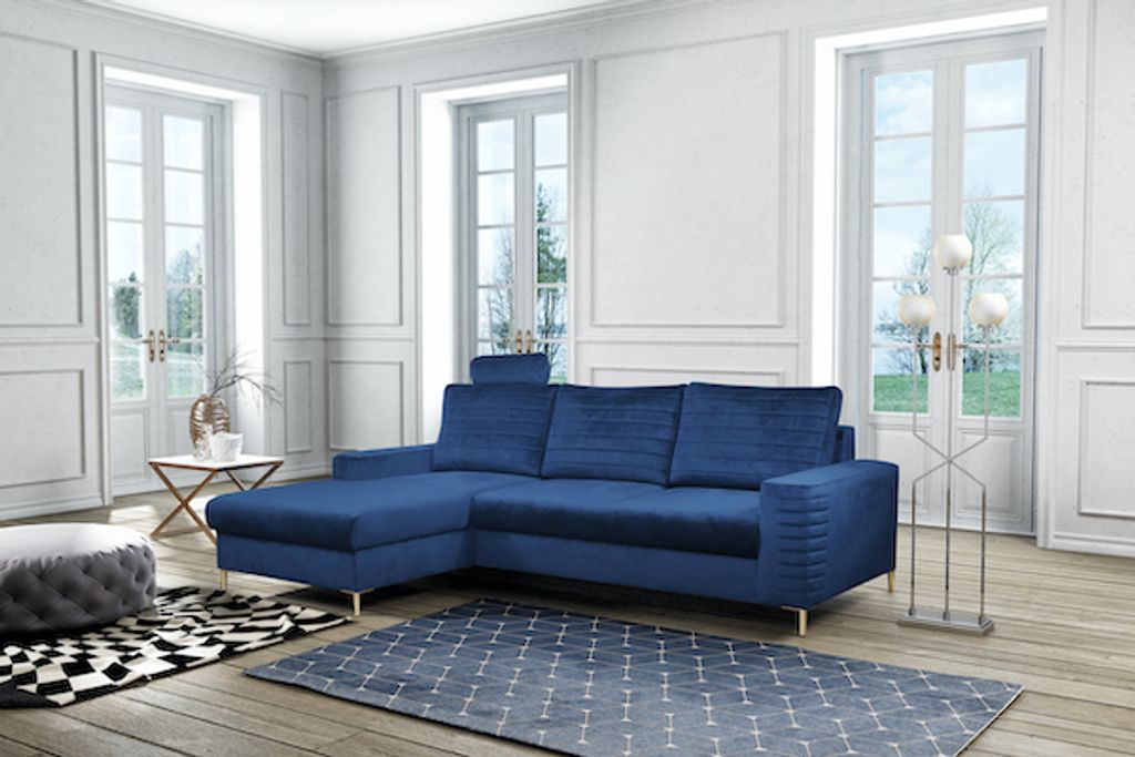 Ecksofa "Collin" Eckcouch Sofa Schlaffunktion marineblau / Füße Gold Recamiere links