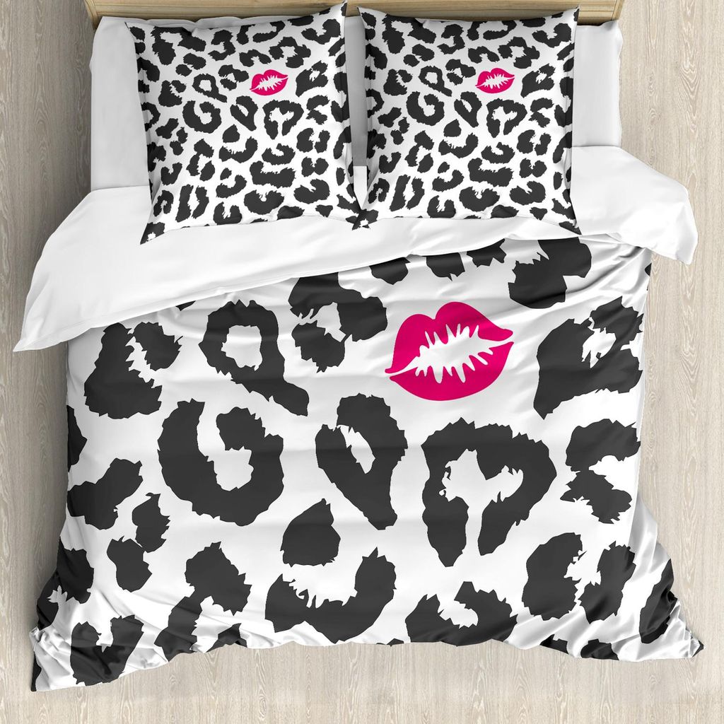 ABAKUHAUS Safari Bettbezug Set, Leopard Gepard Tierdruck Kuss Form Lippenstift Markierung punktiert Grafik, 200 x 200 cm + 80 x 80 cm, Charcoal Gre...