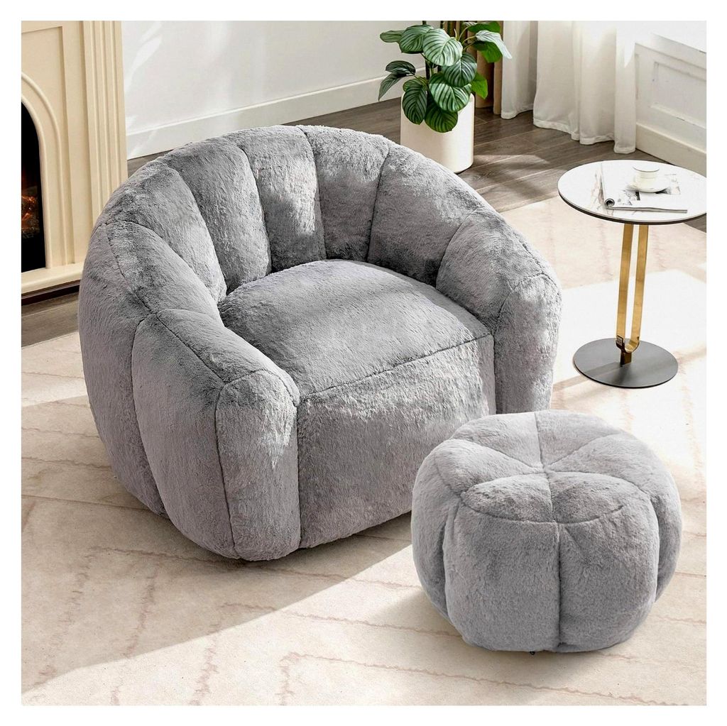 Sitzsack Loungesessel, 110×95×84 cm, mit Beistellhocker, 50 cm Durchmesser und 35 cm Höhe, Gemütlicher Beanbag-Sessel für Erwachsene als Indoo...