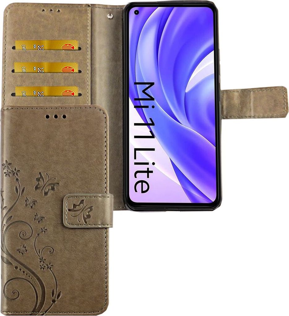 Xiaomi Mi 11 Lite Tasche Handy Hülle Schutz-Cover Flip-Case mit Kartenfach, Farbe:Blumen Grau