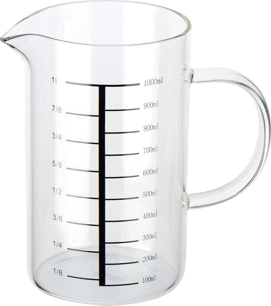 com-four Messbecher aus temperaturbeständigem Glas - Dosierbehälter mit Henkel - 1000 ml Glaskanne mit Skala - Küchenhelfer
