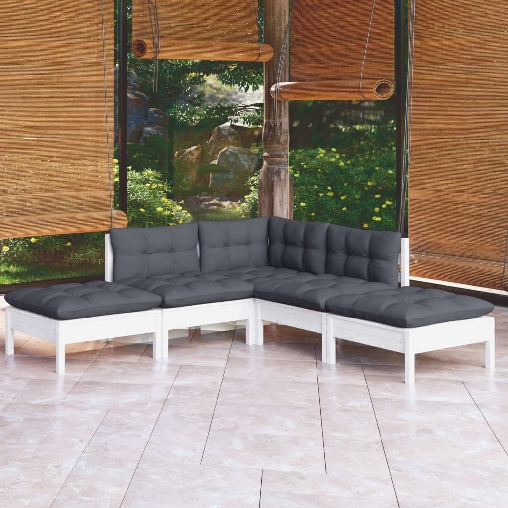 ZMH 5-tlg. Garten-Lounge-Set mit Kissen Weiß Kiefernholz
