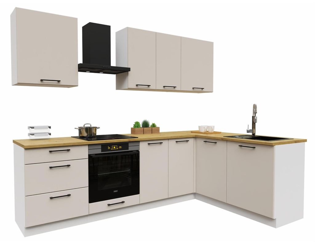 Eckküche 260x170 cm - Beige Matt - MDF - mit Artisan-Eiche Arbeitsplatte - Küchenzeile - mit Hängeschränke und Unterschränke - DENIS