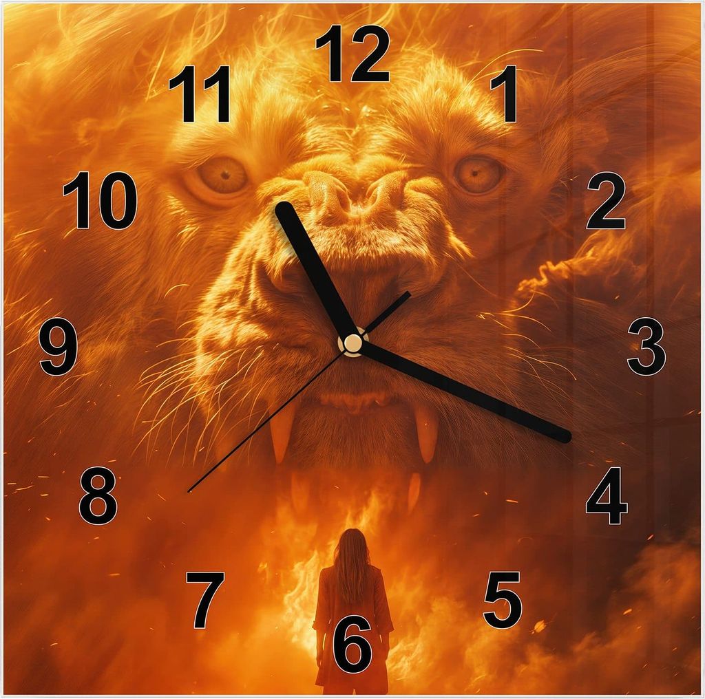 Wanduhr aus Glas mit Motiv Abenteuerlich Löwe- 30 x 30 cm - inkl. Aufhängesystem