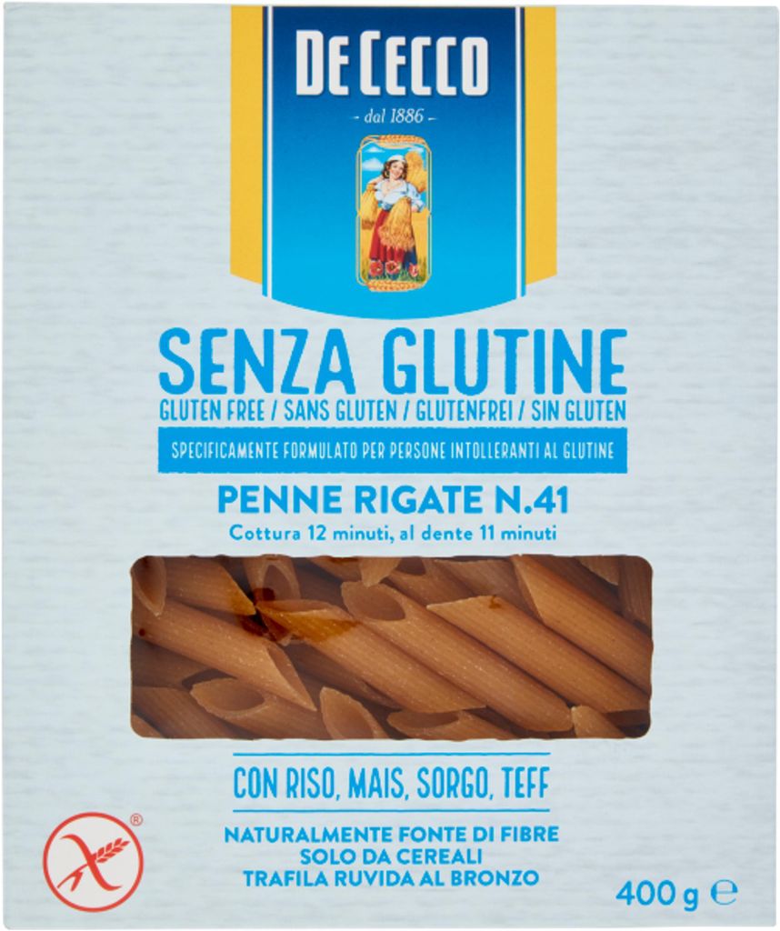 Pâtes Penne Rigate sans gluten, 400 g, marque De Cecco Image du produit 