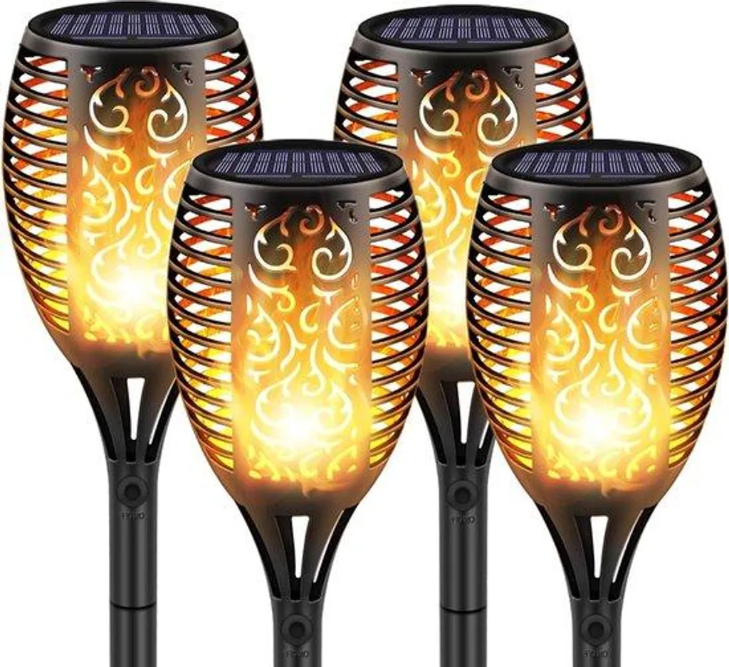 Lot de 4 lampes solaires 96 LED étanches avec effet torche réaliste