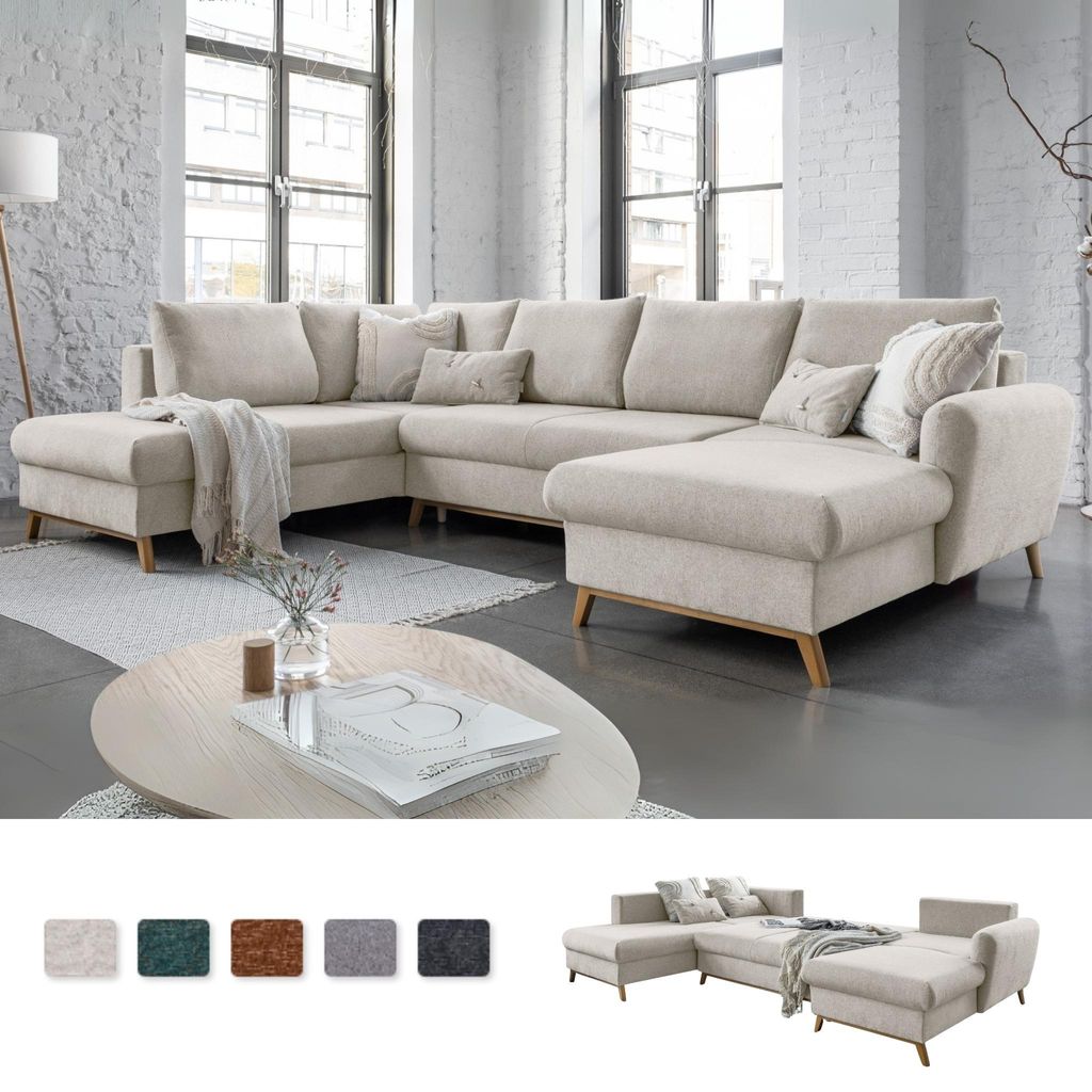 MIUFORM Scandic Lagom - Ecksofa mit Bettfunktion und Bettkasten U-FORM LINKS - 312x202 cm - Beige - Sofa Schlafsofa Couch