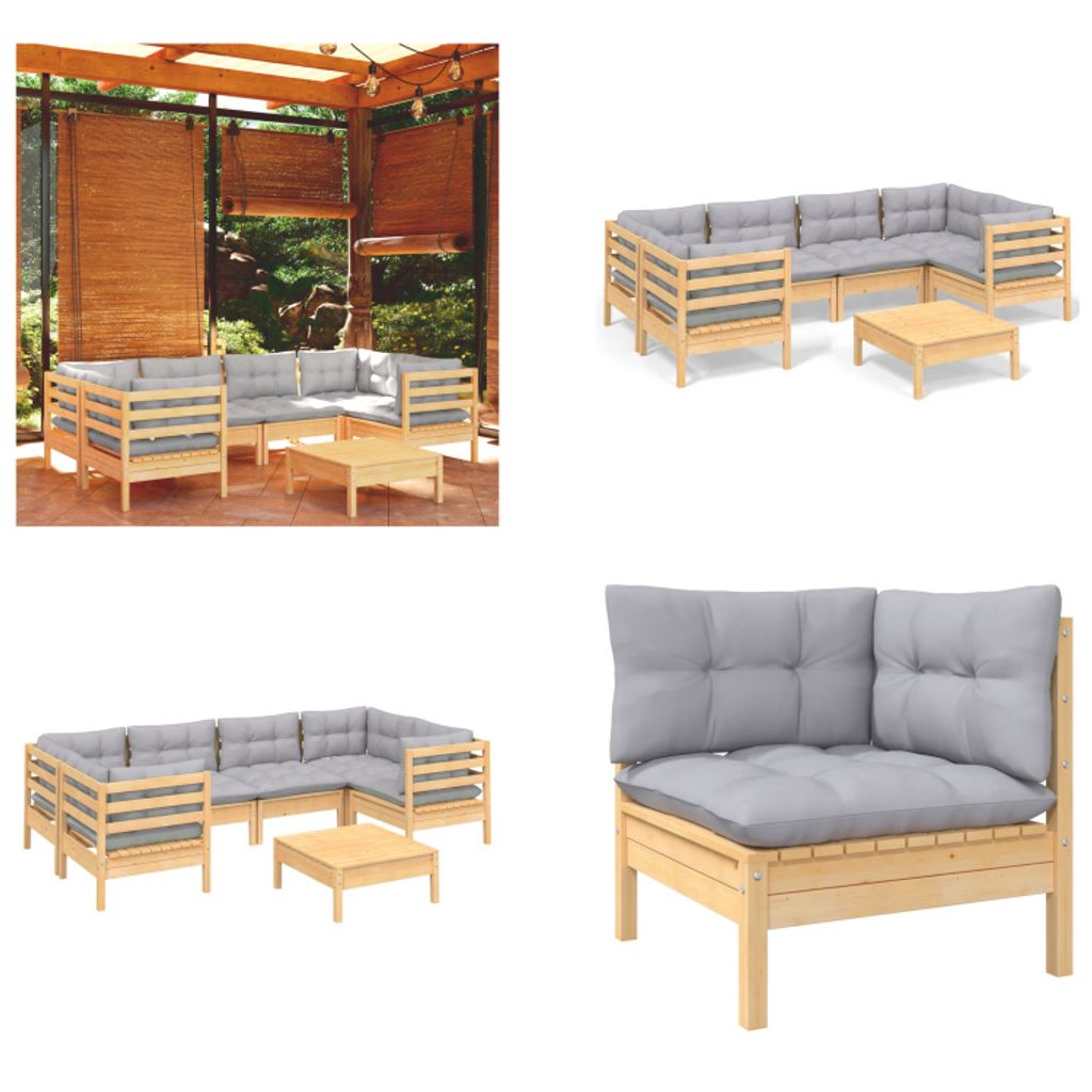 vidaXL 7 tlg. Garten Lounge Set mit Grauen Kissen Kiefernholz - Garten-Lounge-Set - Garten-Lounge-Sets - Gartenmöbel-Set - Gartenmöbel-Sets