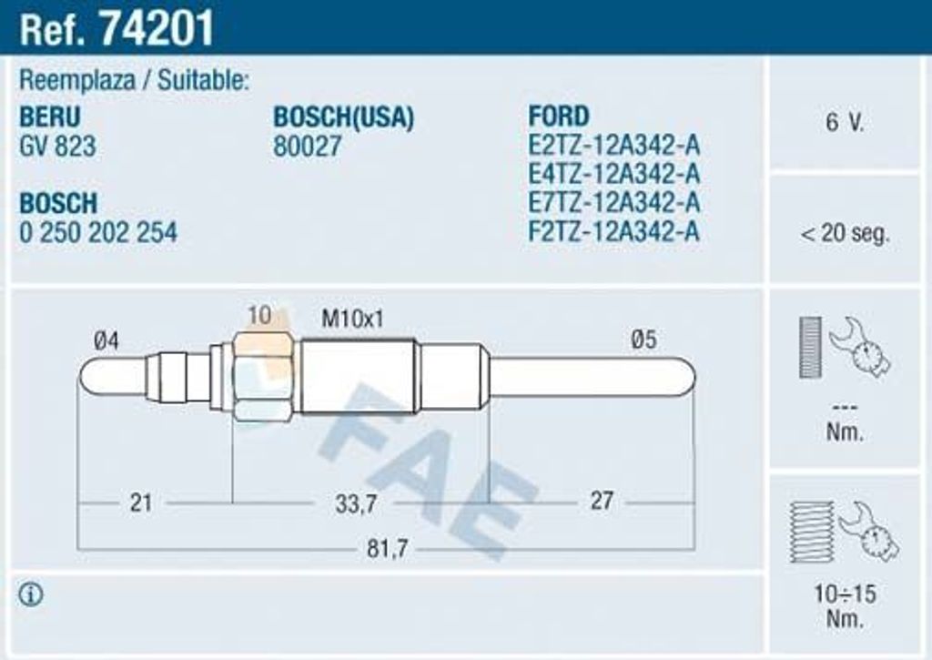 FAE 74201 Diesel Glühkerze für FORD USA F-350 VIII M10x1