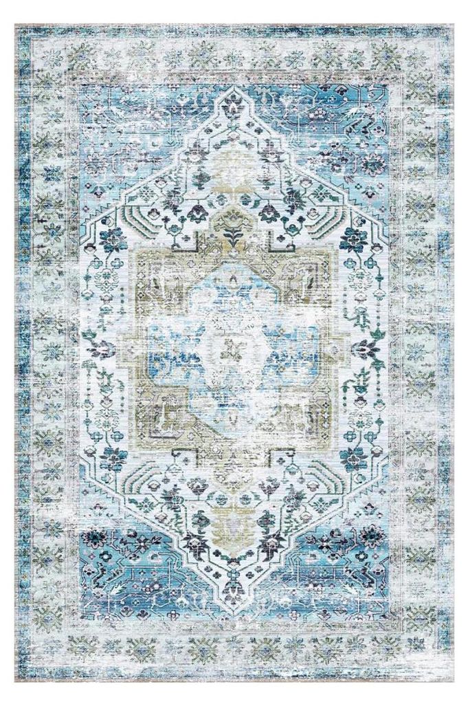 Waschbarer Teppich - Vintage Orientteppich - Rutschfest - Fusselfrei - Dünner Kurzflor - Polyester 100% - Maschinenwaschbar - 200x290 cm - Gelb