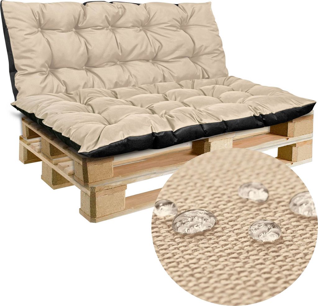 A beige and black tufted cushion set on a wooden pallet, with a close-up inset showing water droplets on the fabric.