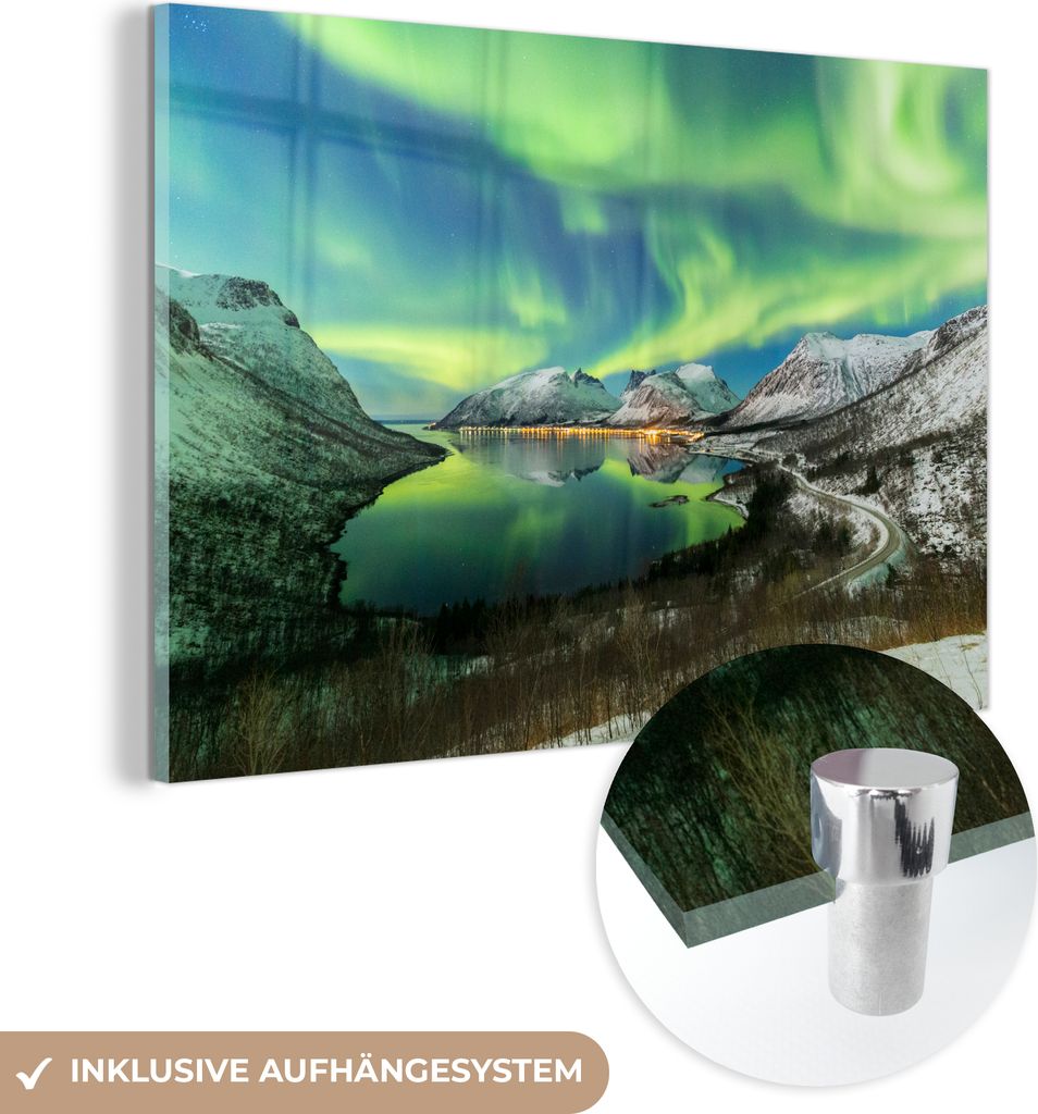 MuchoWow Glasbilder - Bilder auf Wandbild - Foto auf Glas Nordlichter - Fjord - Norwegen 90x60 cm Wanddekoration aus Glas - Acrylglasbild - Acrylbi...