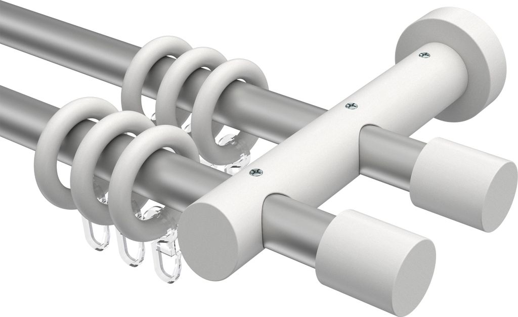 Interdeco Gardinenstange / Vorhangstange Silbergrau / Weiß, Typ Talena Feta (Kappe), 20 mm Ø 2-läufig, 100 cm