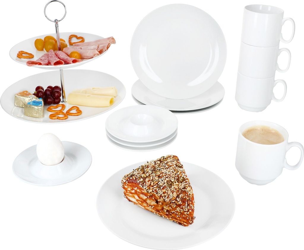 13tlg Etageren-Frühstücksset Tommy Teller Becher Eierbecher Etagere 2-stöckig