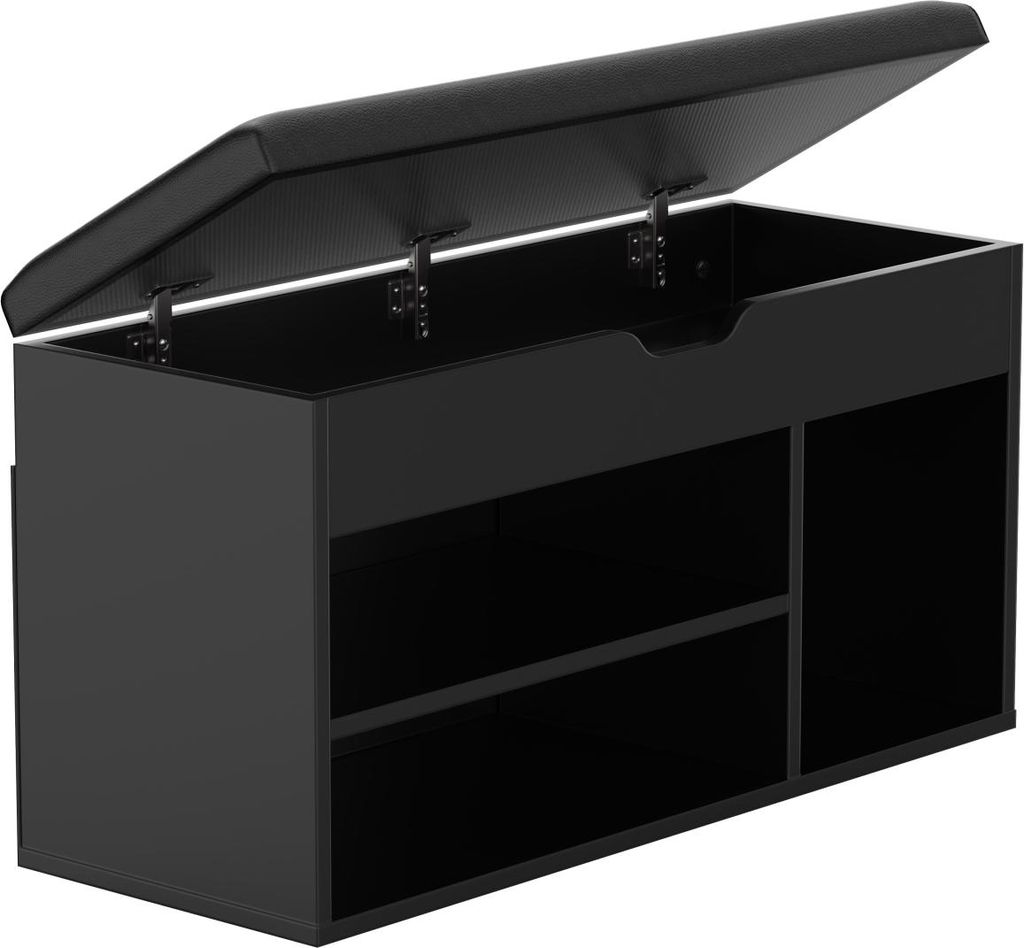A black shoe cabinet with an open lid, showing storage compartments.