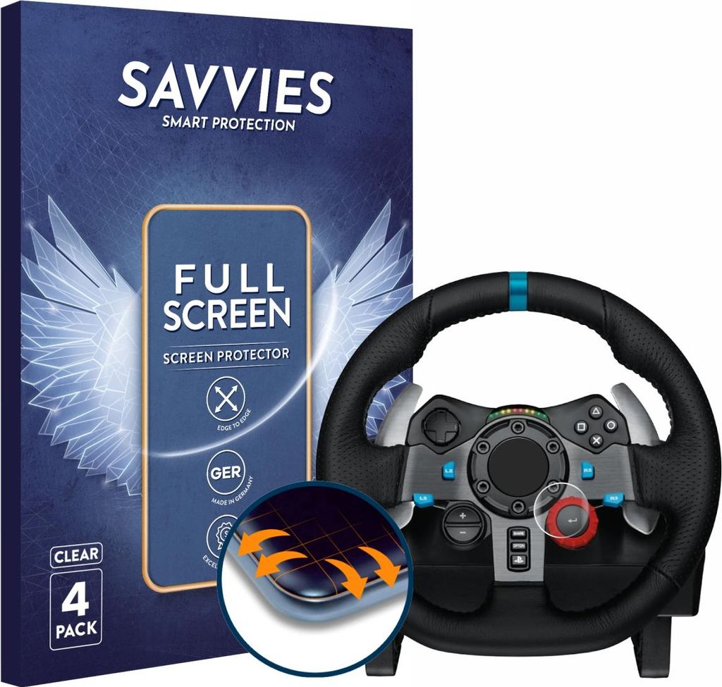 4x Savvies Fullscreen Schutzfolie für Logitech G29 Driving Force Gaming Rennlenkrad Displayschutz Folie Fullcover Klar Transparent