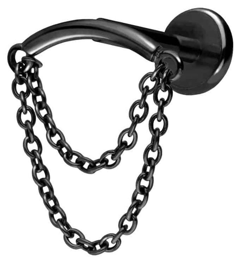 Ohrpiercing, Nasenpiercing Titan Labret mit Push Fit BOGEN + 2 KETTEN Schwarz Stablänge: 10mm | Stabstärke: 1mm