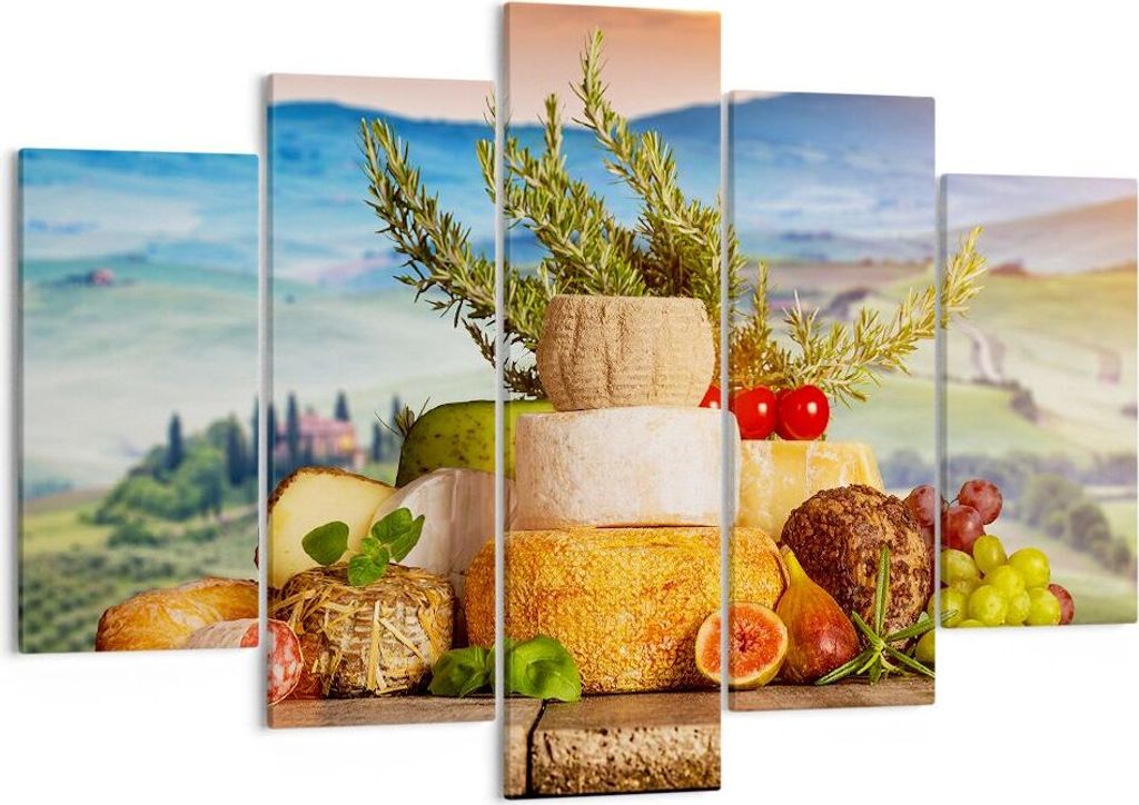 Bild auf Leinwand - Leinwandbild - Toskana Käse Obst Italien - 150x100cm - Wand Bild - Wanddeko - Leinwanddruck - Bilder - Kunstdruck - Wanddekora...