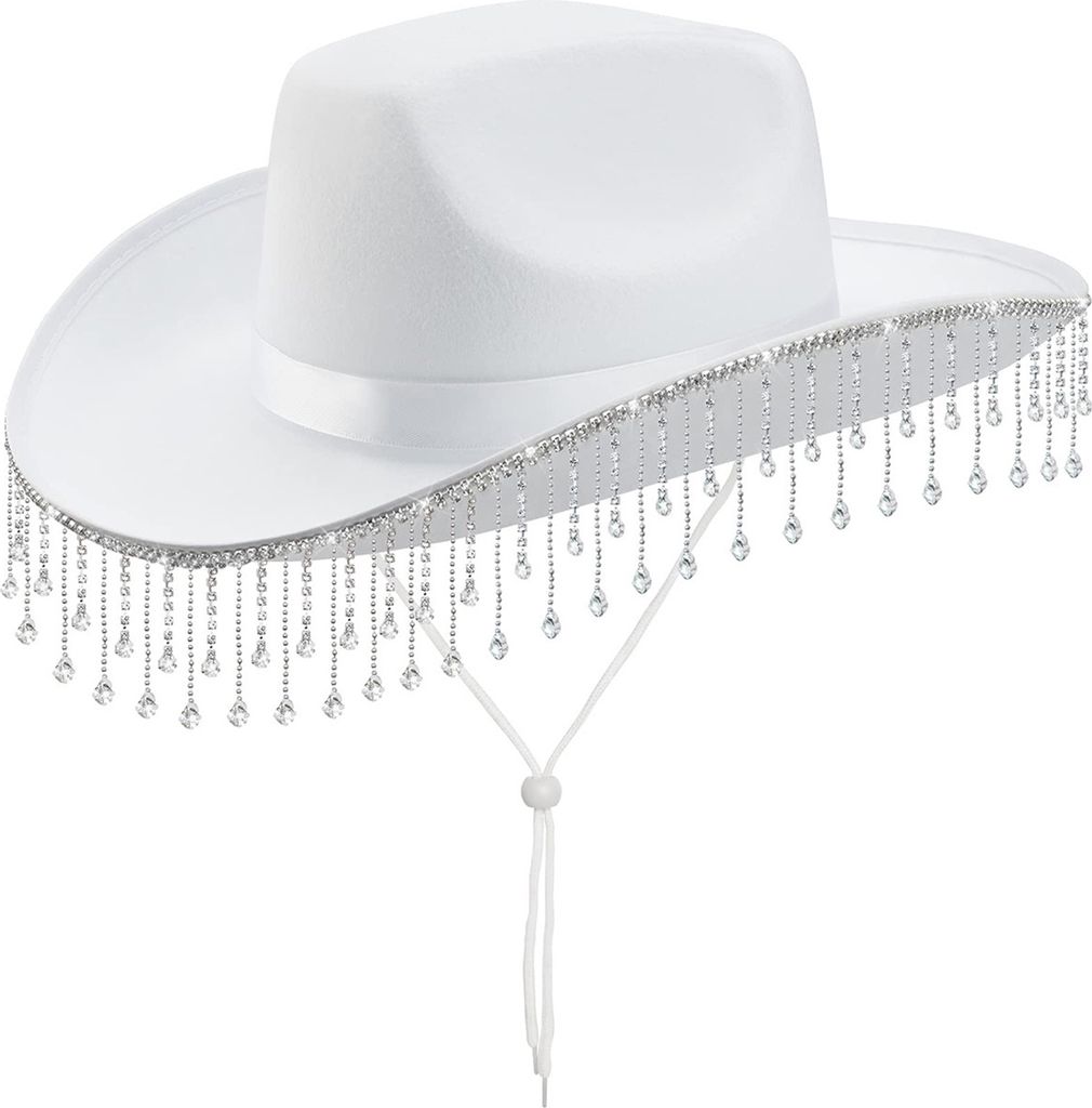 Cowgirlhut mit Strass-Quastendekor, Country-Musik-Party-Kopfbedeckung, breitkrempiger Filzhut, Western-Cowboykappe mit Gürtelschnalle für Partys ...