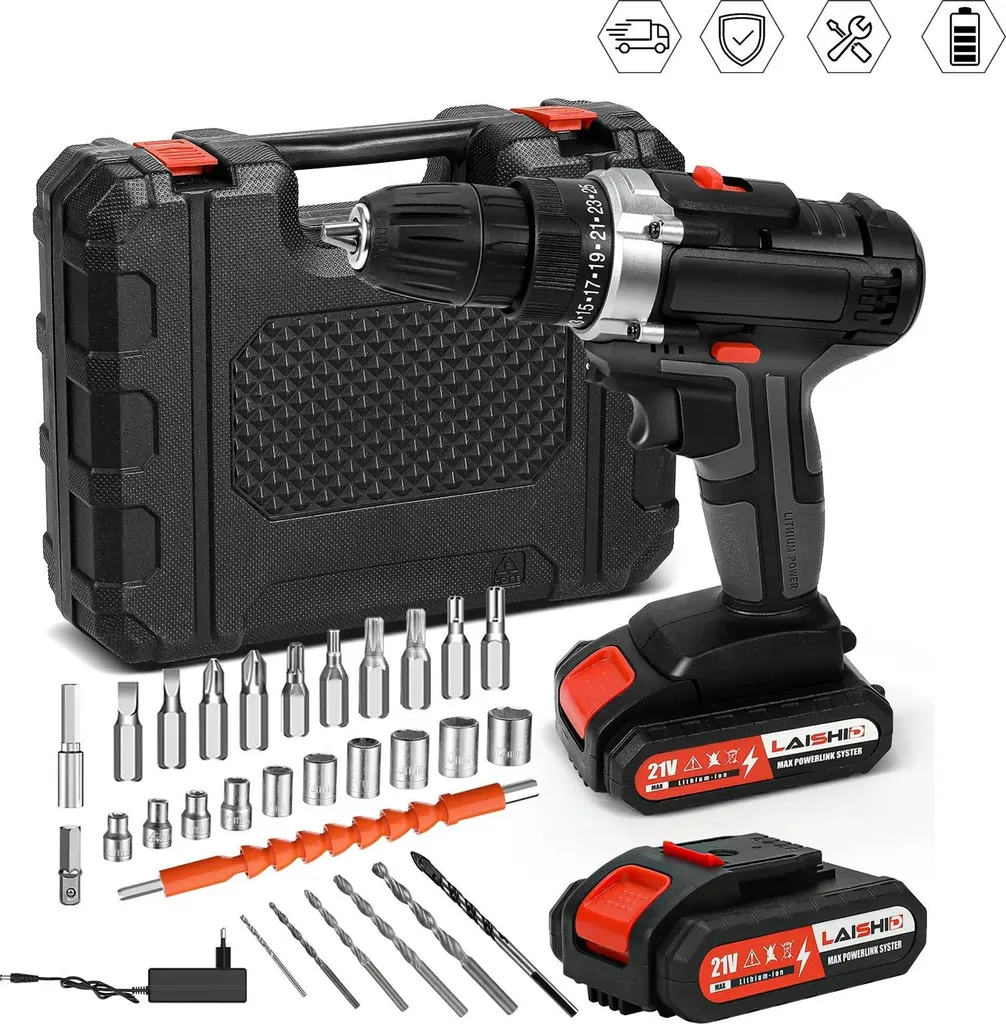 Perceuse sans fil pour travaux maison, kit complet 32 pièces sans accu
