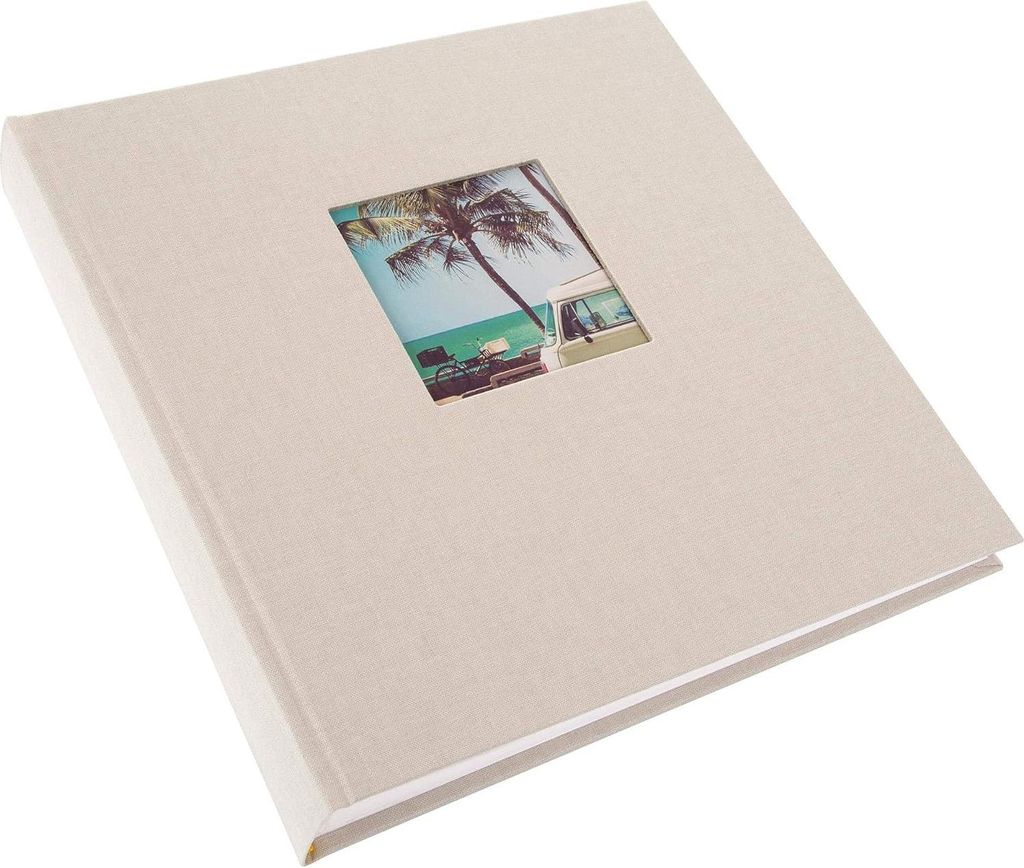 Fotoalbum Erinnerungsalbum 25 x 25 cm - 60 weiße Seiten - Leinen sandgrau - Fensterausschnitt-Gestaltung