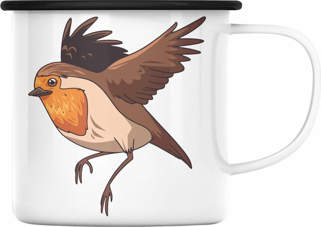 Trendation - Rotkehlchen Vogel Emaille Tasse Geschenk Grafik Geschenkdiee für Rotkehlchen-Liebhaber (Schwarz)