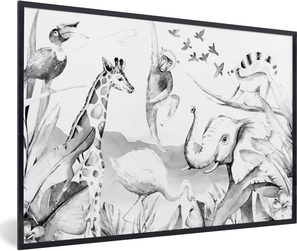 MuchoWow Gerahmtes Poster Dschungel - Tiere - Aquarell - Jungen - Mädchen - Kinder - Kinder 90x60 cm - Poster mit Schwarzem Bilderrahmen Wandpos...