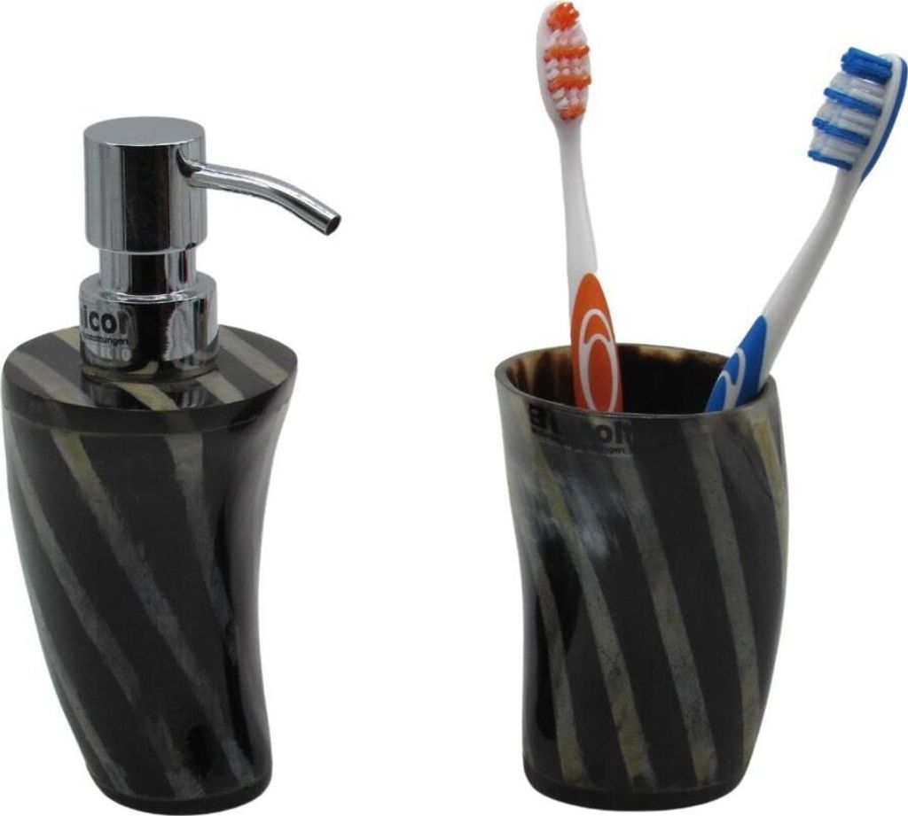 2tlg Set Bad Accessoires Seifenspender Zahnbürstenhalter natürliches Horn Handarbeit Ines