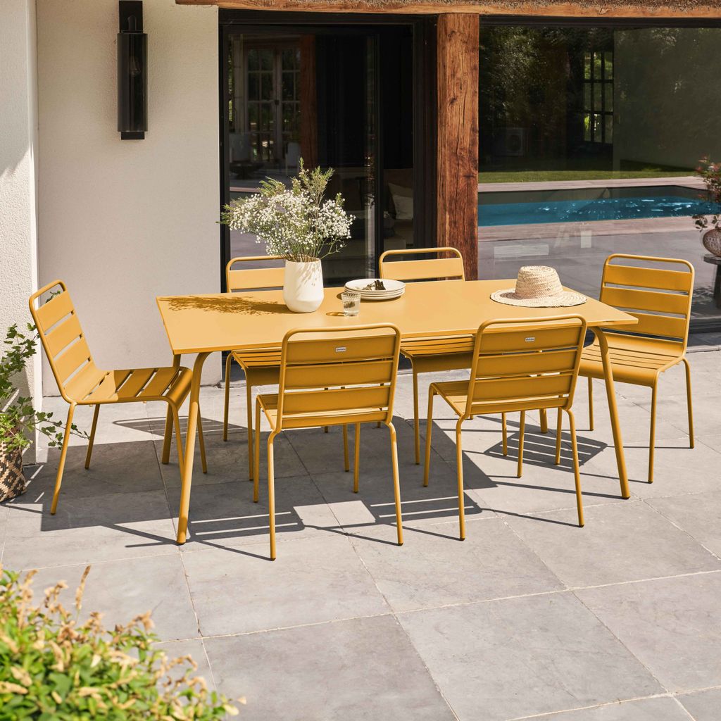 Gartentisch und 6 Metallstühle GELB - Oviala Palavas
