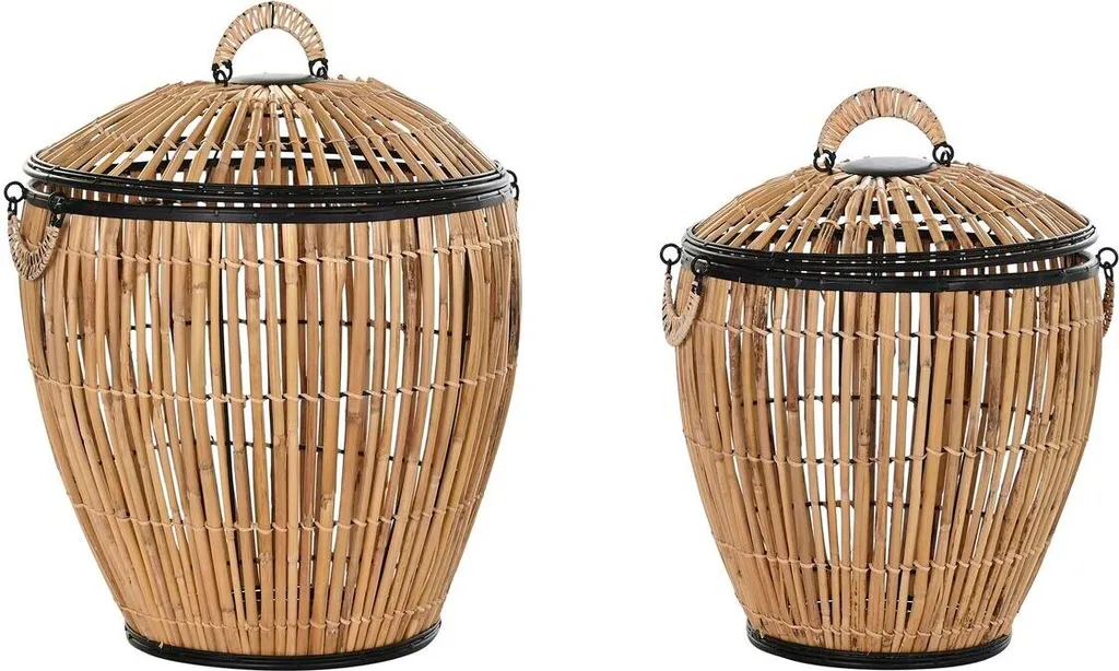 Jeu de 2 paniers DKD Home Decor noir naturel métal rotin 48 x 48 x 55 cm