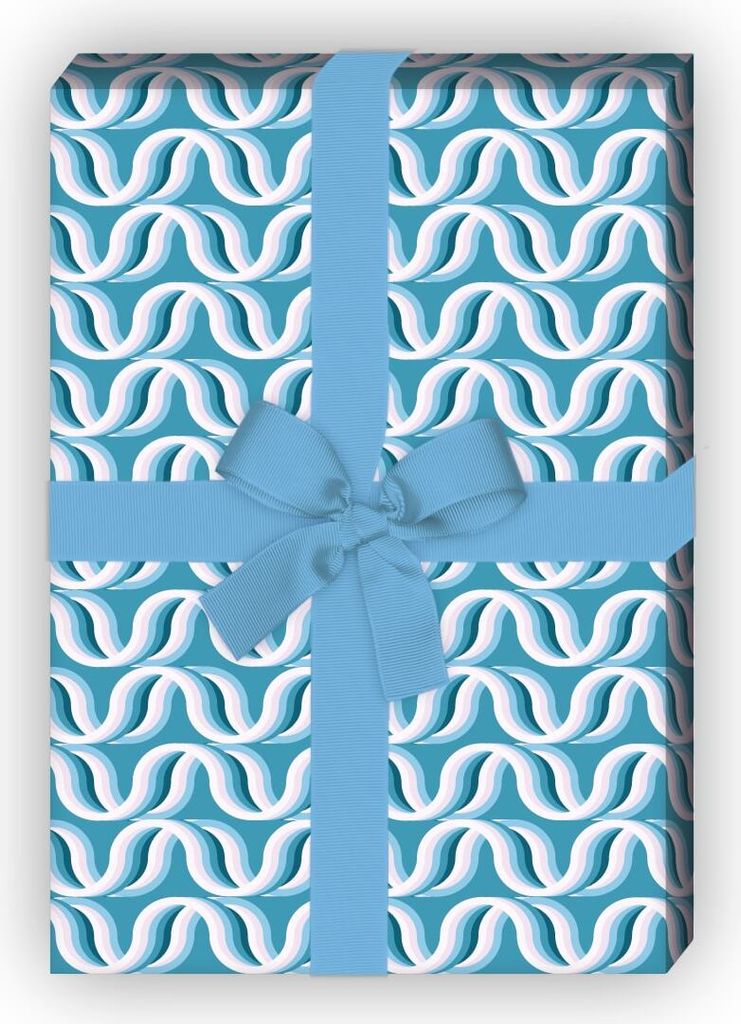 Retro Wellen Geschenkpapier Set mit Vintage Linien, blau - G8511, 32 x 48cm