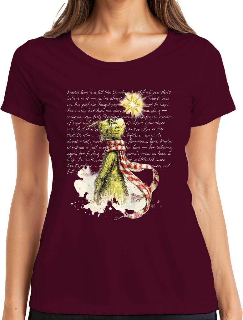 Maybe love is a lot like Christmas Grinch Weihnachten lustig Damen T-Shirt, Burgundy, 3XL