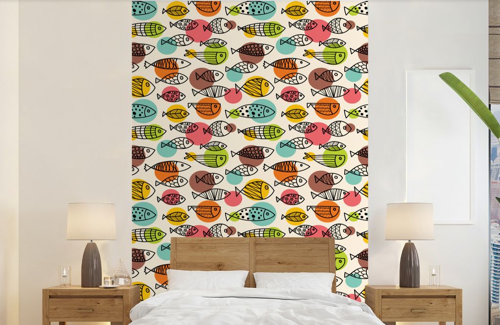MuchoWow Fototapete für Wohnzimmer oder Schlafzimmer Wandtapete Vinyl Motivtapete Polka dots - Fisch - Regenbogen - 140x220 cm - Fototapeten