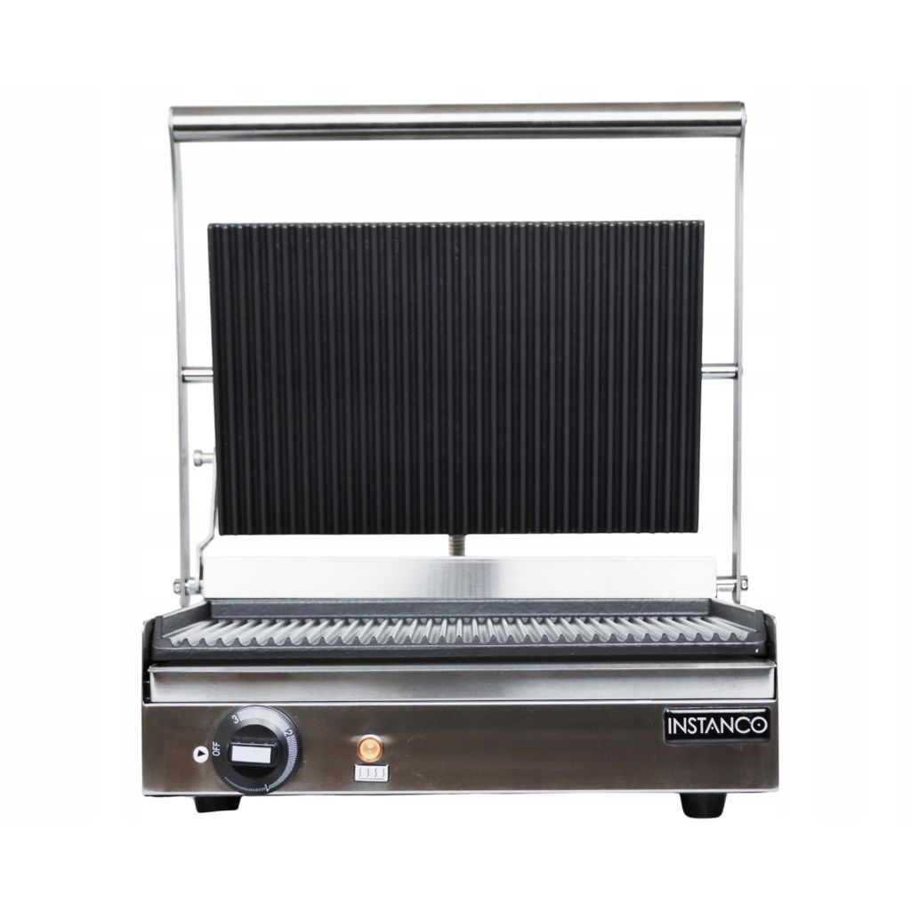 Instanco Kontaktgrill Panini 2200 W, gerillte Gussplatten mit Keramikbeschichtung, Thermostat bis 300 °C, Edelstahl, 230 V