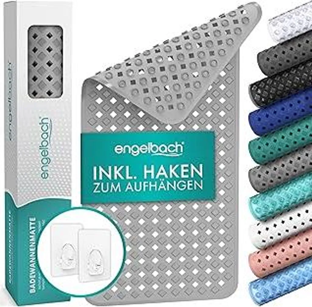 Engelbach Tappetino antiscivolo per vasca da bagno. Include 2 ganci per l'asciugatura. 88 x 40 cm. Tappetino antiscivolo per vasca da bagno. 100% senza BPA. Inserti per vasca da bagno resistenti alla muffa e lavabili in lavatrice.