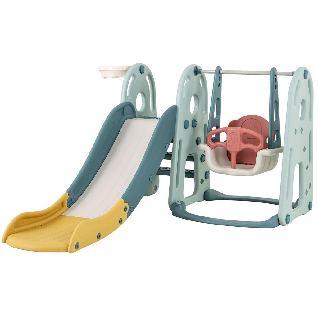 GOPLUS 4 in 1 Kinderschaukel, Kinderrutsche mit Schaukel, Basketballkorb und Klettergerüst, Spielplatz inkl. Grün+Gelb