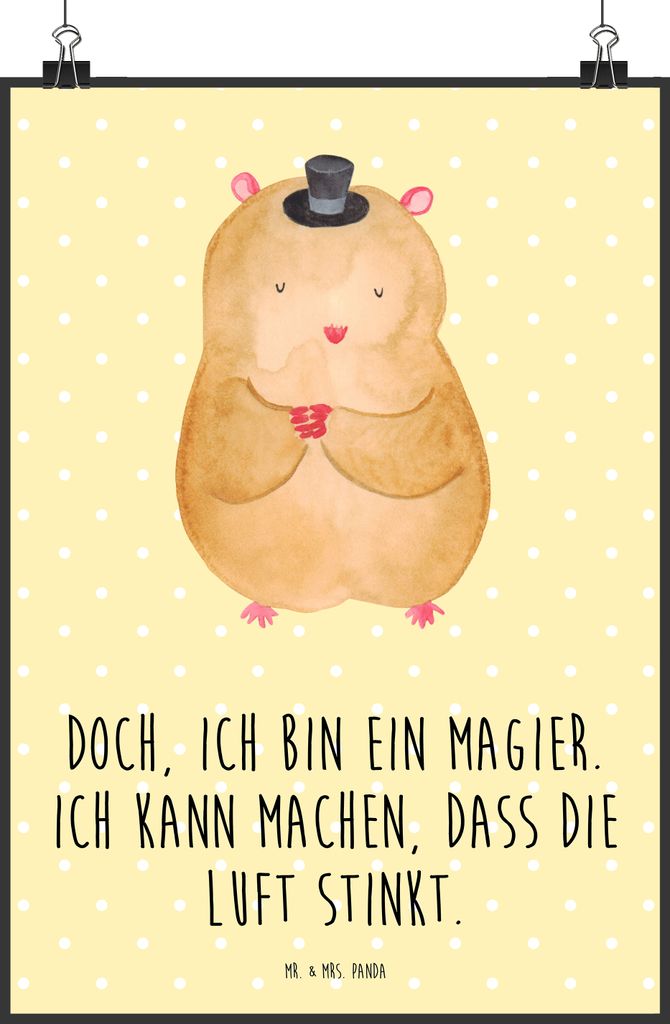 Mr. & Mrs. Panda Bild Hamster Hut DIN A1 - Gelb Pastell - Geschenk, Zylinder, wanddeko, drucke, Kunstdruck, Plakat, Wandbild, Lustige Sprüche, Mag...